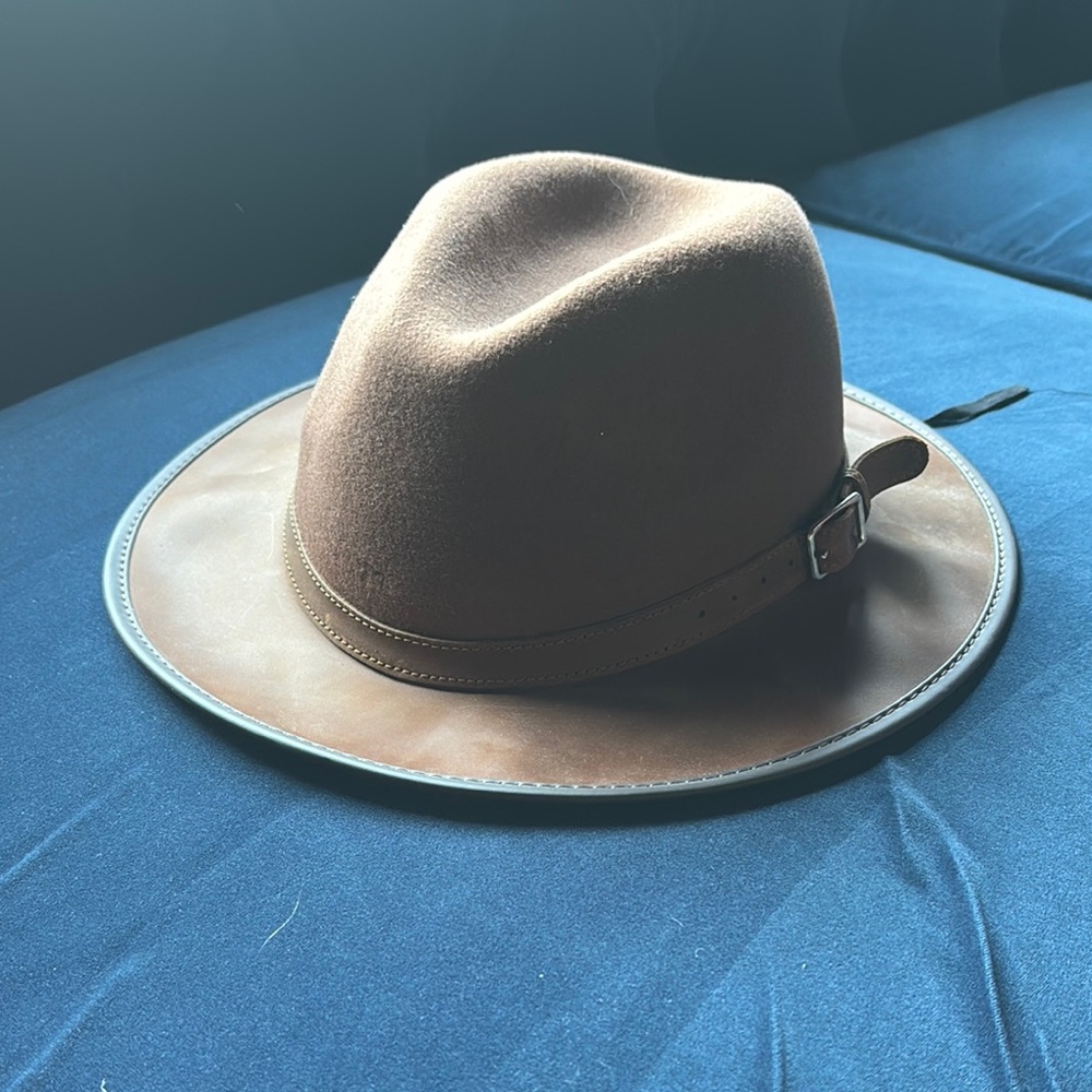 Overland Brown Leather & Felt Fedora Hat Unisex (Size: XL)